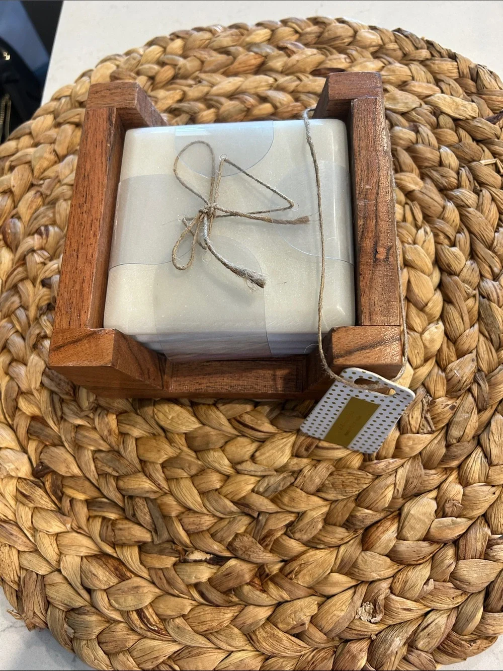 Source Unknown White Marble Coaster Set with Wooden Holder